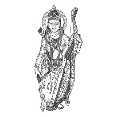Mutlu Dussehra 'nın Navratri festivali için Lord Rama' nın el çizimi. Vektör.