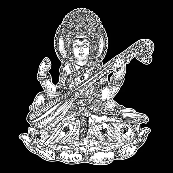 El Tanrıça Saraswati illüstrasyon Vasant Panchami Puja Hindistan için çekilmiş. Öğrenme, müzik, sanat ve Bilgelik tanrıçası. Vektör.