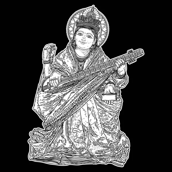 El Tanrıça Saraswati illüstrasyon Vasant Panchami Puja Hindistan için çekilmiş. Öğrenme, müzik, sanat ve Bilgelik tanrıçası. Vektör.