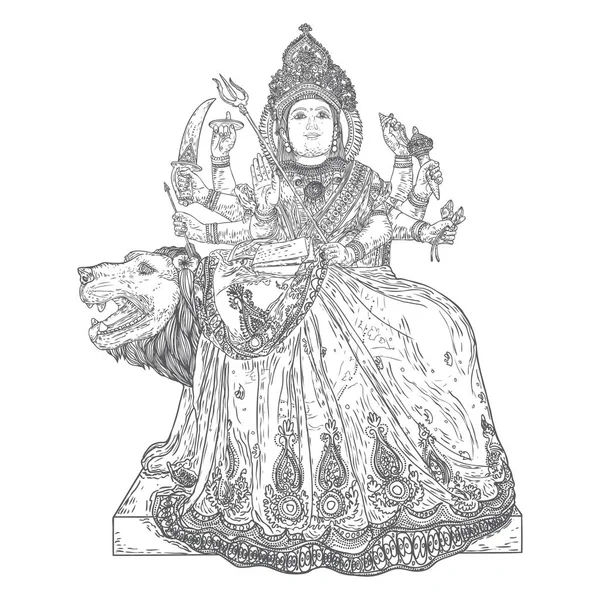 女神ドゥルガ手は 孤立した幸せなドゥルガ法会インド祭りの休日の背景のためのイラストを描きました ベクトル — ストックベクタ