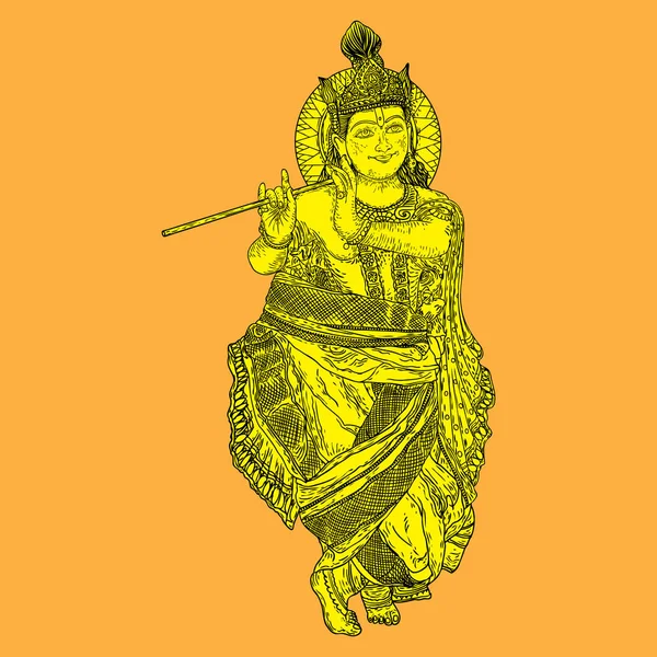 Lord Krishna Tocando Flauta Bansuri Isolada Fundo Feliz Feriado Janmashtami — Vetor de Stock