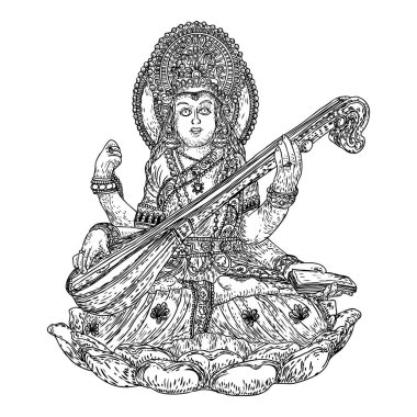 El Tanrıça Saraswati illüstrasyon Vasant Panchami Puja Hindistan için çekilmiş. Öğrenme, müzik, sanat ve Bilgelik tanrıçası. Vektör.