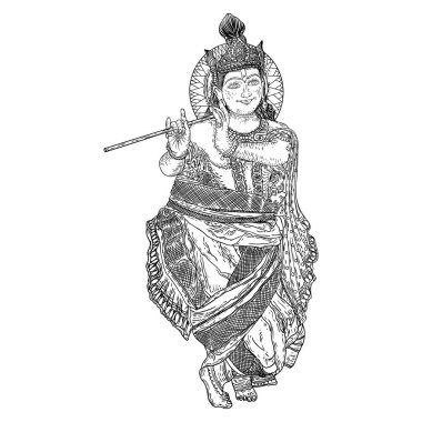 Tanrı Krishna arka planda izole bir şekilde Bansuri flütü çalıyor. Mutlu Janmashtami bayram festivali el yapımı tasarımı. Vektör. 