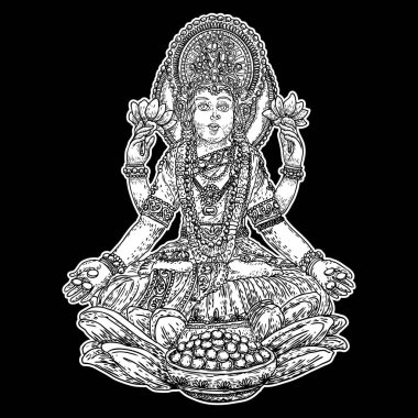 El çizimi Lakshmi tanrıçası. Kutsama, bolluk, refah, zenginlik, şans ve mutluluk tanrıçası. Diwali 'nin sembolü, Hindistan' ın bir ışık festivali. Vektör.