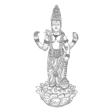 Lord Vishnu nilüfer çiçeğinin üzerinde duruyor ve klasik imgelemde kutsanmış el çizimi yapıyor. Hindu Tanrısı. Vektör.