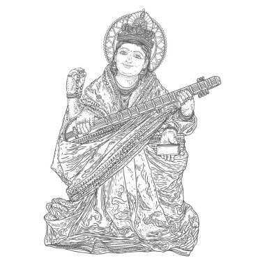 El Tanrıça Saraswati illüstrasyon Vasant Panchami Puja Hindistan için çekilmiş. Öğrenme, müzik, sanat ve Bilgelik tanrıçası. Vektör.