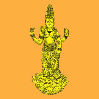 Lord Vishnu nilüfer çiçeğinin üzerinde duruyor ve klasik imgelemde kutsanmış el çizimi yapıyor. Hindu Tanrısı. Vektör.