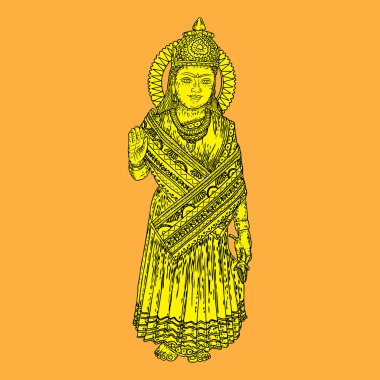Devi Parvati klasik Hindu tanrısı el çizimi. Vektör.
