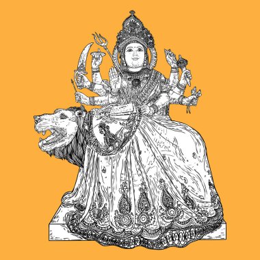 Hint Tanrıça Durga klasik heykel Dussehra Vijayadashami Navratri Hindistan'da Durga Puja tatil Festivali için. El izole tasarım çekilmiş. Vektör.