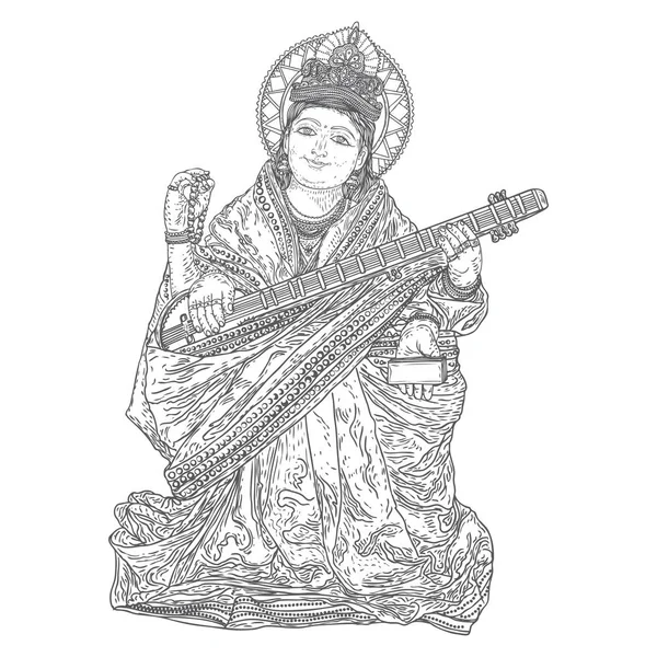 Ilustración Dibujada Mano Diosa Saraswati Para Vasant Panchami Puja India — Vector de stock