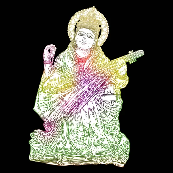 El Tanrıça Saraswati illüstrasyon Vasant Panchami Puja Hindistan için çekilmiş. Öğrenme, müzik, sanat ve Bilgelik tanrıçası. Vektör.