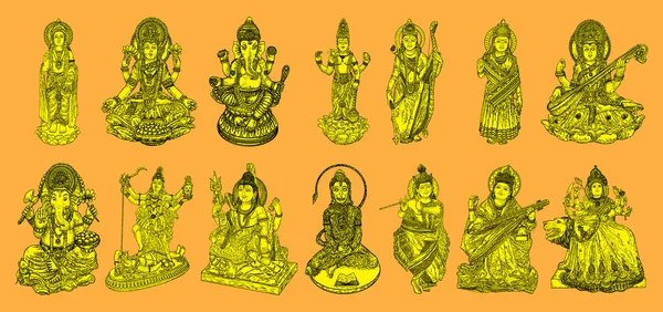 Conjunto Dioses Para Festival Indio Diosa Durga Señor Rama Hanuman — Vector de stock