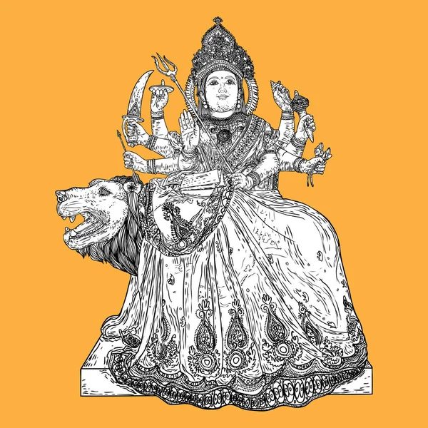 インドの女神ドゥルガーこれ Dussehra Vijayadashami ナヴラトリのインドのドゥルガー プージャー休日祭りの古典的な彫刻 手には 孤立したデザインが描かれました ベクトル — ストックベクタ