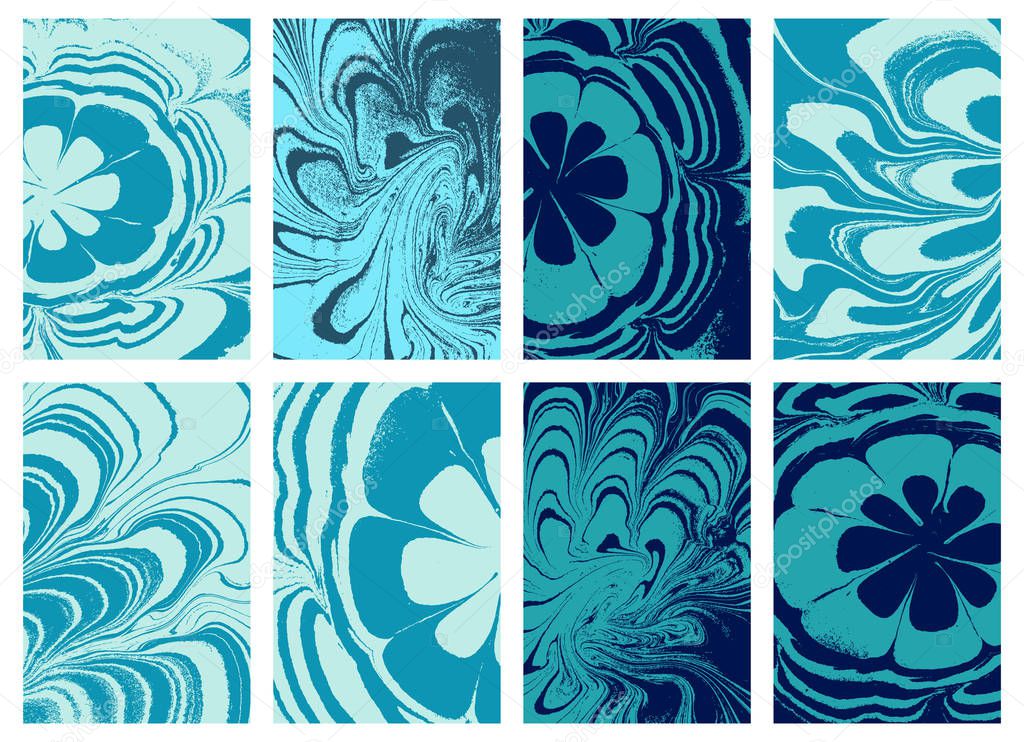 Set of abstract ocean marble art. Natural random ebru. Artistic style with the swirls of marble or the ripples of agate stone. Blue paint shapes. Vector.