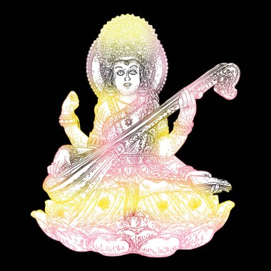 El Tanrıça Saraswati illüstrasyon Vasant Panchami Puja Hindistan için çekilmiş. Öğrenme, müzik, sanat ve Bilgelik tanrıçası. Vektör.
