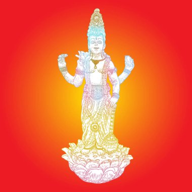 Lord Vishnu nilüfer çiçeğinin üzerinde duruyor ve klasik imgelemde kutsanmış el çizimi yapıyor. Hindu Tanrısı. Vektör.