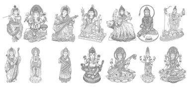 Tanrılar grubu Hint Festivali, Tanrıça Durga, Lord Rama ve Hanuman için. Lord Ganpati veya Ganesha, Shiva ve Lakshmi karısı. Lord Vishnu, Saraswati, Devi Parvati ve Lord erdal, Kali. Vektör.
