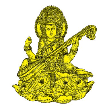Öğrenme, müzik, sanat ve Bilgelik tanrıçası. Saraswati Vasant Panchami Hindistan festival arka plan için bir ud çalmaya. Elle çizilmiş vektör.