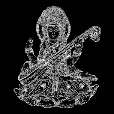El Tanrıça Saraswati illüstrasyon Vasant Panchami Puja Hindistan için çekilmiş. Öğrenme, müzik, sanat ve Bilgelik tanrıçası. Vektör.