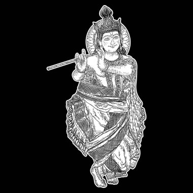 Tanrı Krishna arka planda izole bir şekilde Bansuri flütü çalıyor. Mutlu Janmashtami bayram festivali el yapımı tasarımı. Vektör. 