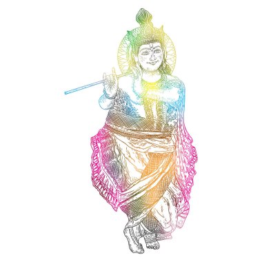 El mutlu Janmashtami tatile flüt çalmaya Lord Krishna'nın resimde çekilmiş. Hint festival tebrik arka plan. Vektör. 