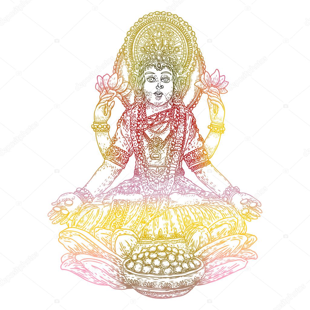 Hand drawn Lakshmi goddess. Is the goddess of blessing, abundance, prosperity, wealth, luck and happiness. Symbol of Diwali, a light festival of India. Vector.