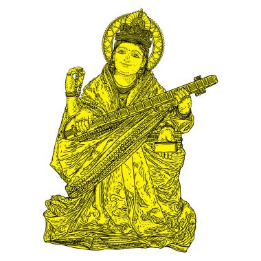 Öğrenme, müzik, sanat ve Bilgelik tanrıçası. Saraswati Vasant Panchami Hindistan festival arka plan için bir ud çalmaya. Elle çizilmiş vektör.