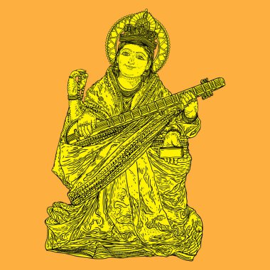 Öğrenme, müzik, sanat ve Bilgelik tanrıçası. Saraswati Vasant Panchami Hindistan festival arka plan için bir ud çalmaya. Elle çizilmiş vektör.