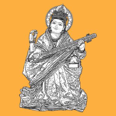 Öğrenme, müzik, sanat ve Bilgelik tanrıçası. Saraswati Vasant Panchami Hindistan festival arka plan için bir ud çalmaya. Elle çizilmiş vektör.