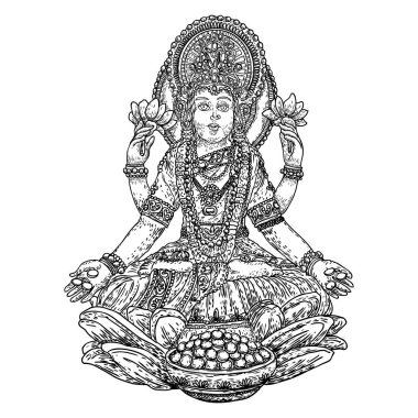 El çizimi Lakshmi tanrıçası. Kutsama, bolluk, refah, zenginlik, şans ve mutluluk tanrıçası. Diwali 'nin sembolü, Hindistan' ın bir ışık festivali. Vektör.