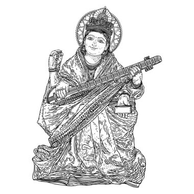 El Tanrıça Saraswati illüstrasyon Vasant Panchami Puja Hindistan için çekilmiş. Öğrenme, müzik, sanat ve Bilgelik tanrıçası. Vektör.