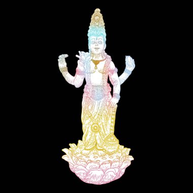Lord Vishnu nilüfer çiçeğinin üzerinde duruyor ve klasik imgelemde kutsanmış el çizimi yapıyor. Hindu Tanrısı. Vektör.
