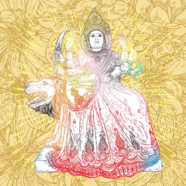 Hint Tanrıça Durga klasik heykel Dussehra Vijayadashami Navratri Hindistan'da Durga Puja tatil Festivali için. El izole tasarım çekilmiş. Vektör.