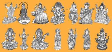 Ganesh Chaturthi veya Vinayaka ve Chavithi için Maha Shiwaratri veya Shivratri için Diwali ve Vasant Panchami kümesi Hint Festivaller için Tanrılara, Puja Dussehra Vijayadashami Navratri içinde. Vektör. 