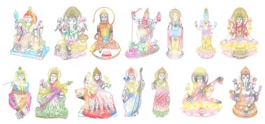 Tanrılar grubu Hint Festivali, Tanrıça Durga, Lord Rama ve Hanuman için. Lord Ganpati veya Ganesha, Shiva ve Lakshmi karısı. Lord Vishnu, Saraswati, Devi Parvati ve Lord erdal, Kali. Vektör.