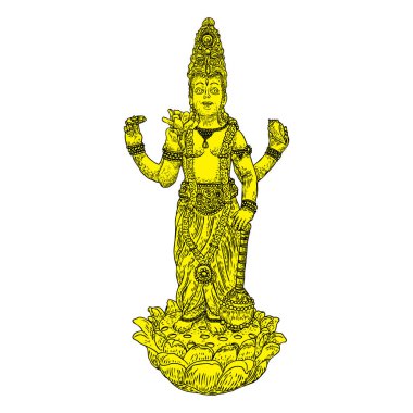 Lord Vishnu nilüfer çiçeğinin üzerinde duruyor ve klasik imgelemde kutsanmış el çizimi yapıyor. Hindu Tanrısı. Vektör.