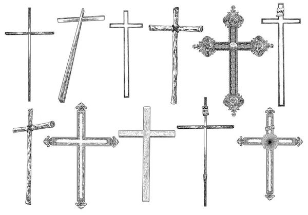 Set Van Christelijke Katholieke Kruist Geïsoleerd Witte Achtergrond Element Voor — Stockvector