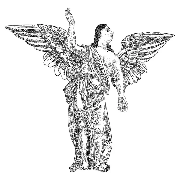 Ángel Con Alas Volando Pie Símbolo Religioso Del Cristianismo Dibujado — Archivo Imágenes Vectoriales