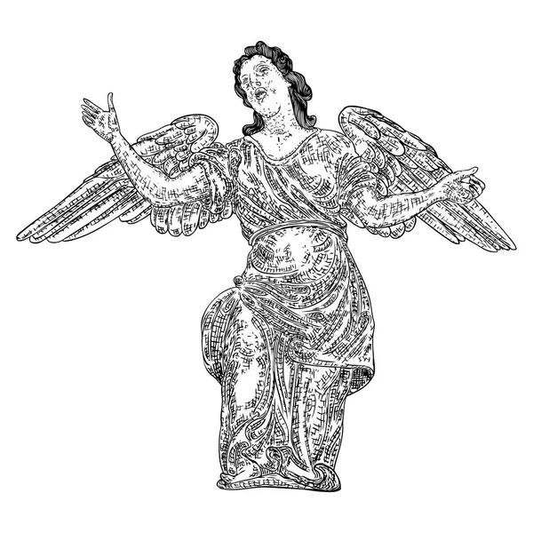 Ángel Con Alas Volando Pie Símbolo Religioso Del Cristianismo Dibujado — Vector de stock