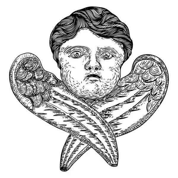 Andílek Křídly Okřídlený Andělíček Izolovaných Bílém Pozadí Ručně Kreslené Náboženský — Stockový vektor