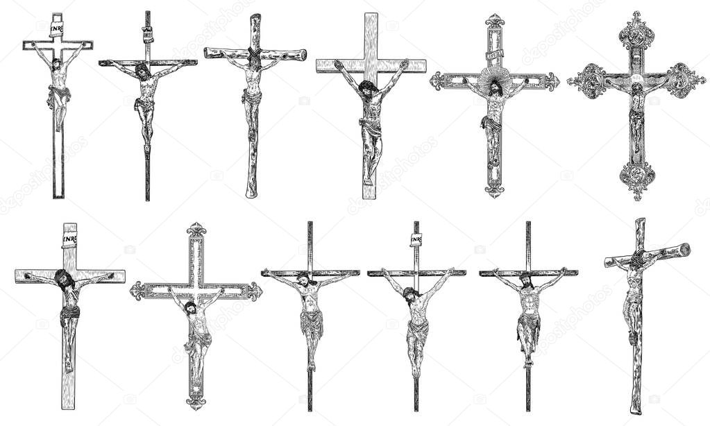 Set of hand drawings of Jesus Christ on the cross. Son of God crucifixion for people sins Vector. 