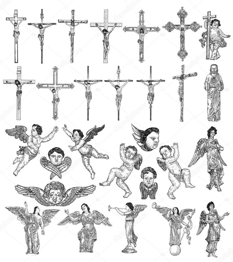 Set of hand drawings. Jesus Christ on the cross. Son of God crucifixion for people sins. Angels and Cherubs with wings. Flying or standing and playing on trumpet. Christianity. Hand drawn vector.