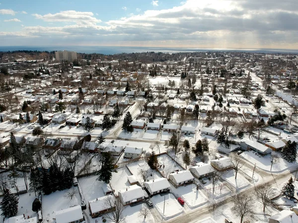 Snow View Felülről Városi Város Légi Fotózás Külváros Felett Téli — Stock Fotó