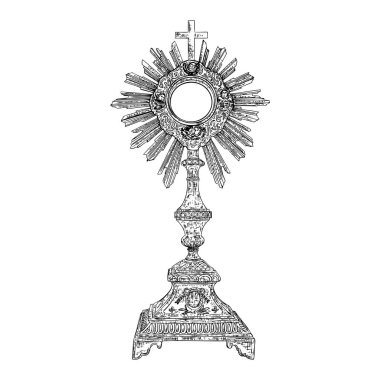 Monstrance. Ostensorium Roma Katolik, eski Katolik ve Anglikan töreni gelenekleri kullanılır. Okurlarının Kutsal Rahibelerle Eucharistic ana bilgisayara göstermek için kullanılır. Elle çizilmiş. Vektör