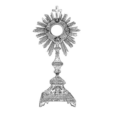 Monstrance. Ostensorium used in Roman Catholic, Old Catholic and Anglican ceremony traditions. Benediction of the Blessed Sacrament is used to displayed to Eucharistic host. Hand drawn. Vector clipart