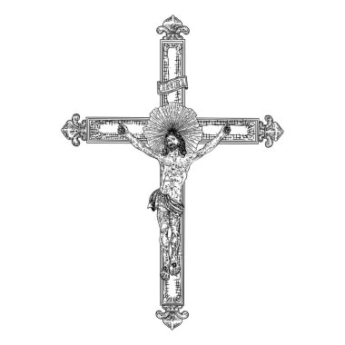 İsa Dağı Golgota üzerinde çapraz. Elle çizilmiş sanat kroki. Vektör. 