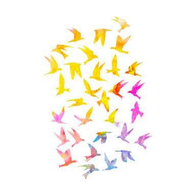 Kuşlar beyaz arka plan üzerinde uçan suluboya silüeti. İlham verici suluboya boya trendy vücut flash geçici etiket şablon dövme sanatı. Vektör.