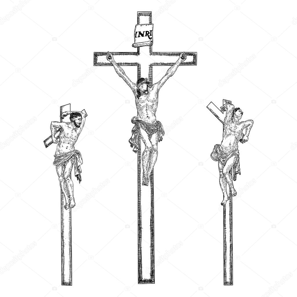 Jesus on cross from mount Golgotha. Hand drawn art sketch. Vector. 