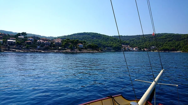Boat tour entertainment. Boat or ship nose, front near Solta Island, fisherman cost landscape view in Dalmatia, Croatia Split in the central Dalmatian.