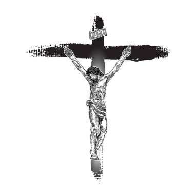 Çarmıha gerilmiş İsa. Gerçek mürekkep fırçasıyla elle boyanmış, grunge Christian Cross Sketch. Vektör.